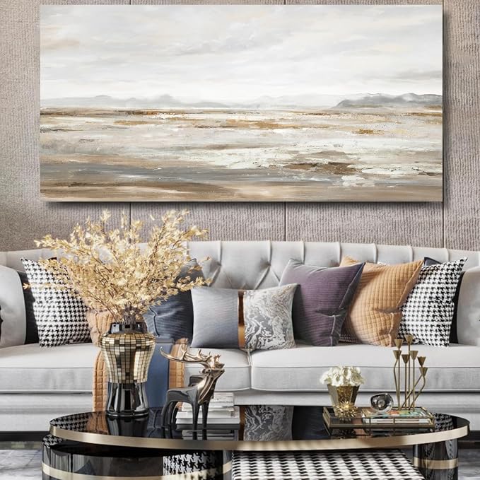 TRAIN2 ART Abstract Wall Art Canvas Wall Art for Living Room Brown and Grey Ocean Wall Decor Large Artwork for Bedroom Home Office 28"x57"