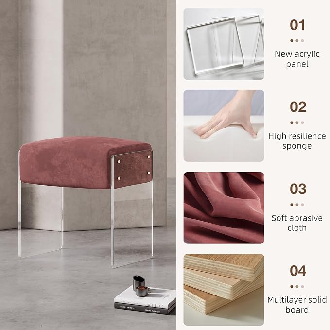 Vanity Stool Chair and Pouf Ottoman-Modern Multifunctional Vanity Stool and Foot Rest with Alcantara and Acrylic Leg for Makeup Room, Living Room, Bedroom