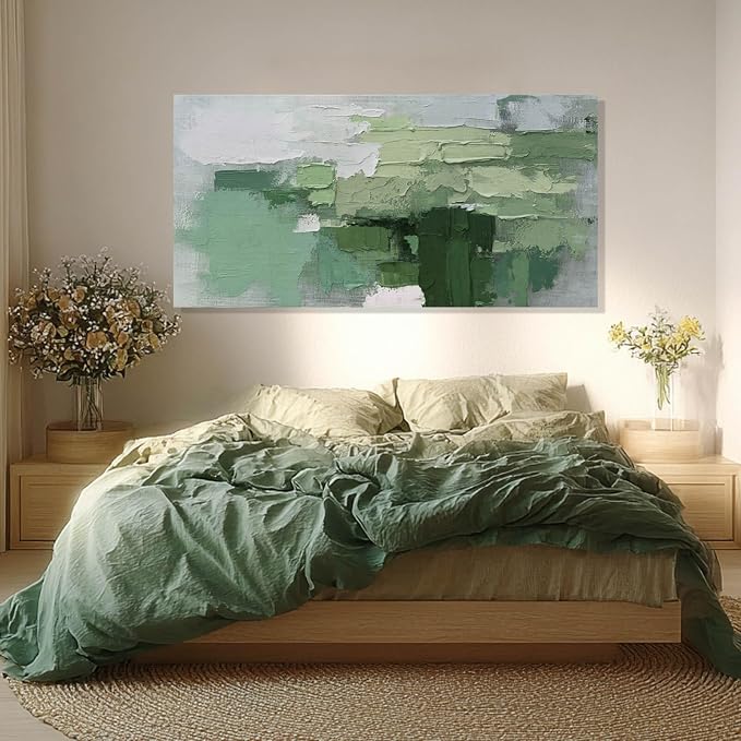 SHEYOYE Green Abstract Canvas Wall Art, White Large Modern Art Prints, Office & Dining Room Posters for Room Decor | 24" x 48"
