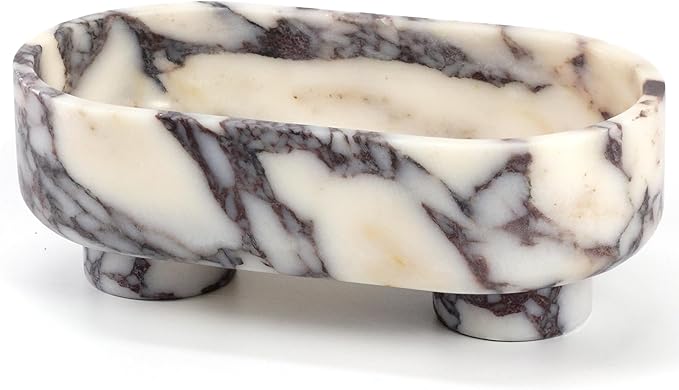 Natural Oval Marble Fruit Bowl, Two-Legged Decorative Bowl Calacatta Viola | 10" Large Handcrafted Marble Catchall Bowl for Home Decor. Fruit Basket Bowl, Entryway Bowl, Pedestal Bowl for Dining Table