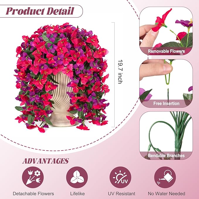 INXUGAO 2 pcs Artificial Faux Bougainvillea Flowers Plants for Outdoor Outside Summer Decoration, Fake Silk UV Resistant Long Trailing Vines for Front Door Porch Planter Balcony (Rose Deep Lotus)