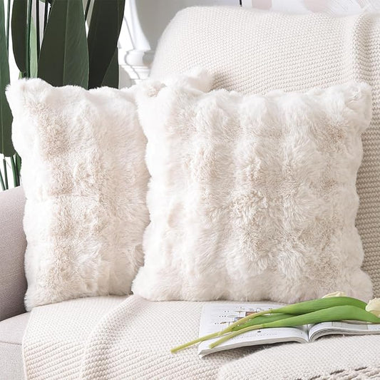 MADIZZ Pack of 2 Thick Plush Faux Wool Throw Pillow Covers Soft Boho Throw Pillows Luxurious Cushion Covers for Couch Sofa Bedroom Living Room Home Decor 16x16 Inch Cream