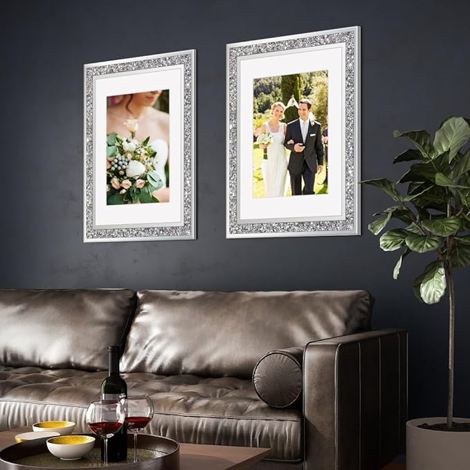 ALLARTONLY Big Mirror Photo Frame 16x20inch Mat To 11x14inch Crushed Diamond Bling Sparkle Home Decor, 2 Pack Crystal Silver Glass Wedding Picture Poster Wall Frame.