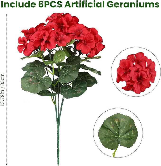 Artificial Flowers for Outdoors, 6 Bundles Realistic Silk Fake Red Geraniums, Faux Plastic Flowers for Outdoor Planters, Hanging Baskets, Window Boxes, Porch, Patio Decor