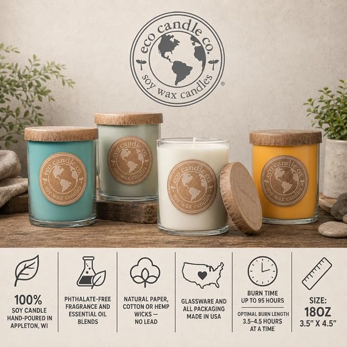 ECO CANDLE CO. Beach House, 18 oz Double Wick Soy Candle, Made in the USA | Scents of Melons & Ocean Air, Up to 95 Hour Burn Time, No Lead, Kraft Paper Label & Lid, Hand Poured, Phthalate Free
