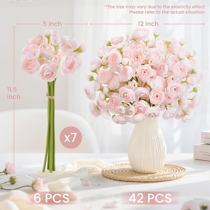 Alupssuc 42Pcs Ranunculus Artificial Flowers Faux Silk Mini Ranunculus, Spring Flowers Artificial Indoor for DIY Bouquets, Bulk Fake Wedding Filler Flowers for Bride Shower Decorations, Shabby Blush