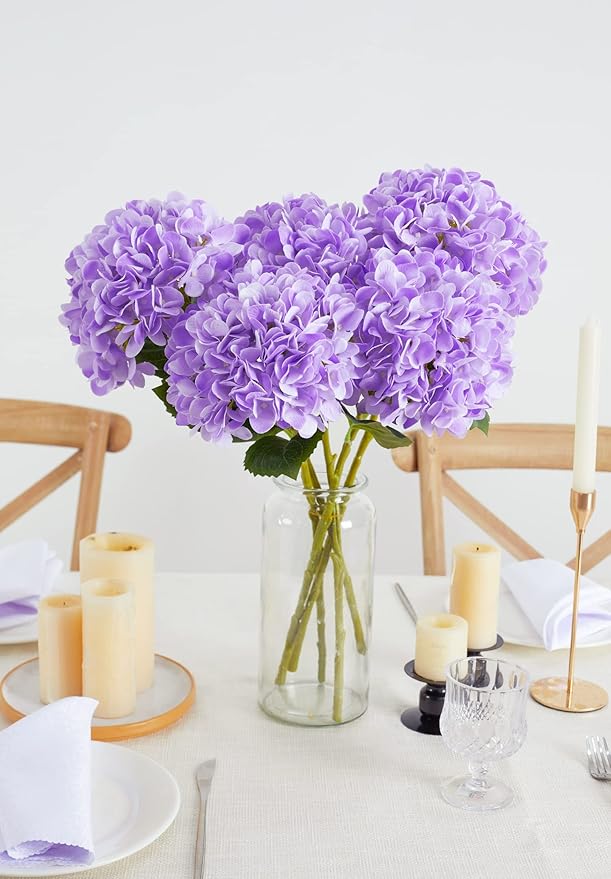 PARTY JOY 5PCS 15.4In Artificial Hydrangea Silk Flowers Bouquet Faux Hydrangea Stems for Wedding Centerpieces Home Decor (Light Purple)