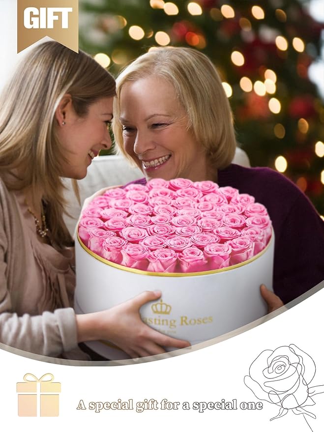 47 Preserved Roses Forever Flowers Real Roses in a Box Mother's Day Birthday Flowers for Her Mom Women Wife Valentine's Day, Pink Roses