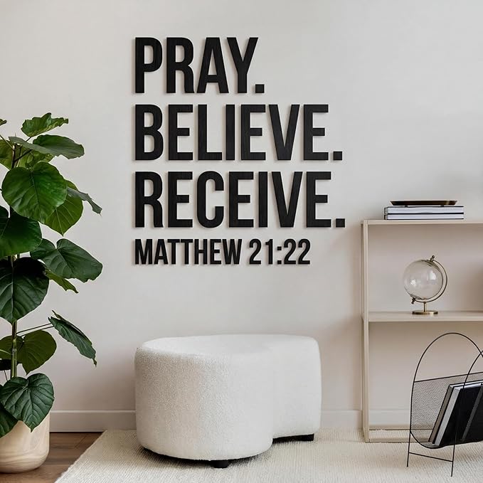 AceOrbit Christian Bible Verses Wall Art Decor Pray, Believe, Receive, 39.4" x 34.9" Wooden Religious Scripture Jesus Wall Decor 3D Letters Hanging Prayer Decoration for Church Home
