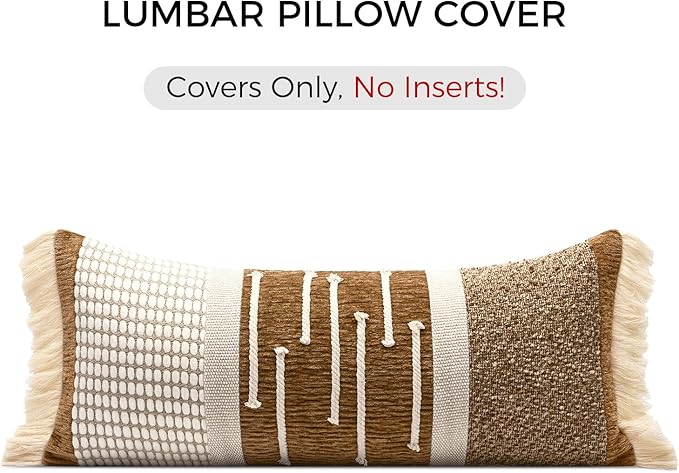 Decorative Lumbar Pillow Cover 12x28, Handwoven Boho Long Body Pillow for Bed Farmhouse Lumbar Throw Pillow, Cotton Linen Tassel Cushion Case for Sofa, Living Room, Bedroom(Light Brown)