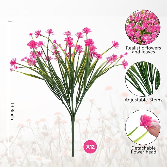 Ouddy Decor 12 Bundles Artificial Flowers for Outdoors UV Resistant Fake Plastic Plants Faux Greenery Stems for Spring Summer Indoor Garden Patio Window Box Kitchen Home Decor, Pink