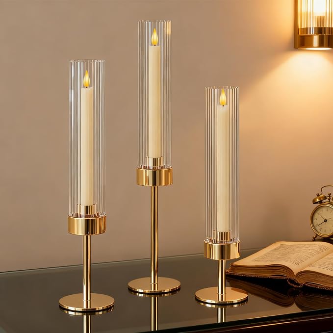 Metal & Acrylic Taper Candle Holders Set of 3 with Ribbed Design - Hurricane Clear Cylinder Candelabra for Wedding, Christmas, Party, Dining Table Centerpiece Decor (Gold, Set of 3)