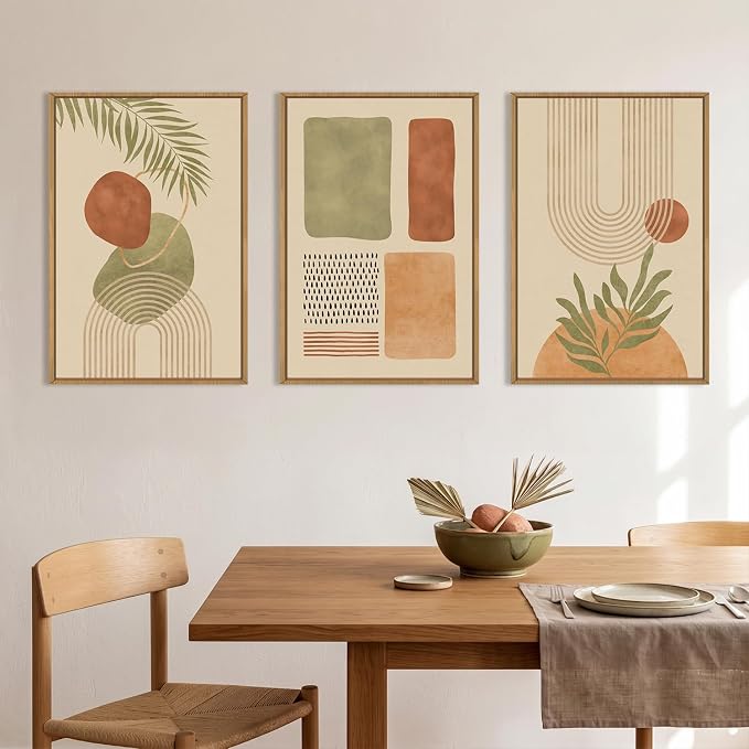 Large Boho Sage Green Framed Canvas Wall Art,Abstract Geometric Beige Wall Decor,Mid Century Modern Art Prints,Neutral Botanical Leaf Artwork for Living Room,Bedroom,Office -24"x36"x3