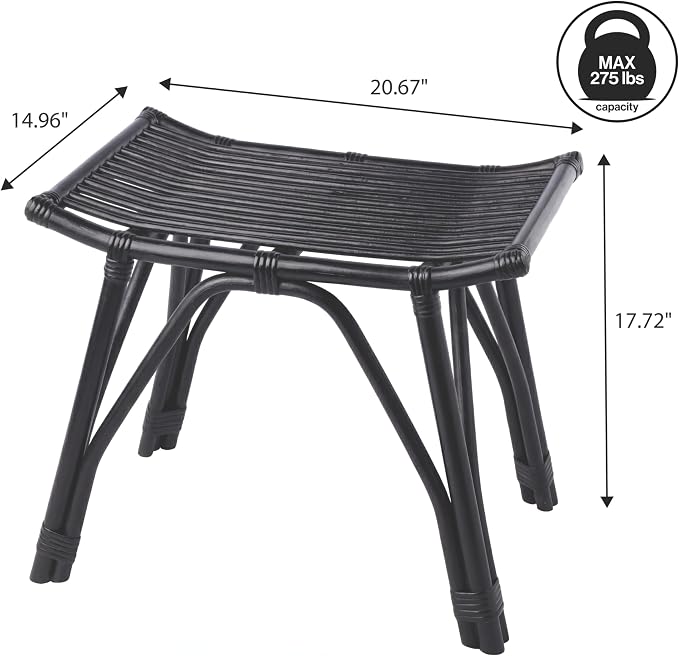JONATHAN Y Gabriel 18" Handcrafted Rattan and Teak Wood Vanity Stool, Bohemian Backless Accent Ottoman Footstool, Black STL3005C