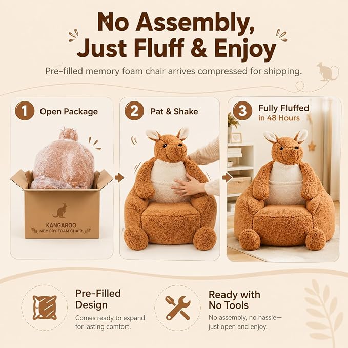 31 Inhces Memory Foam Bean Bag Chair - Ultra Soft Faux Rabbit Fur Sofa with Handle & Machine Washable Cover, Comfy Lazy Chair for Kids Teens, Perfect for Reading Gaming in Living Room Bedroom，Brown