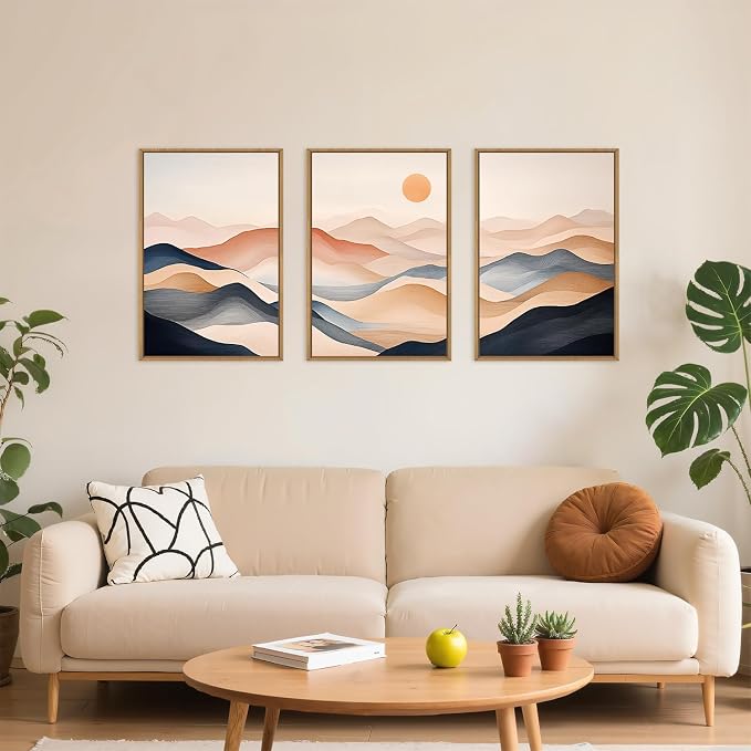 DRACIT Mimimalist Abstract Mountain Framed Canvas Wall Art Set,Earthy Toned Nature Landscape Wall Decor,Modern Watercolor Sunrise Artwork for Living Room, Bedroom,Office-24 x36 x3