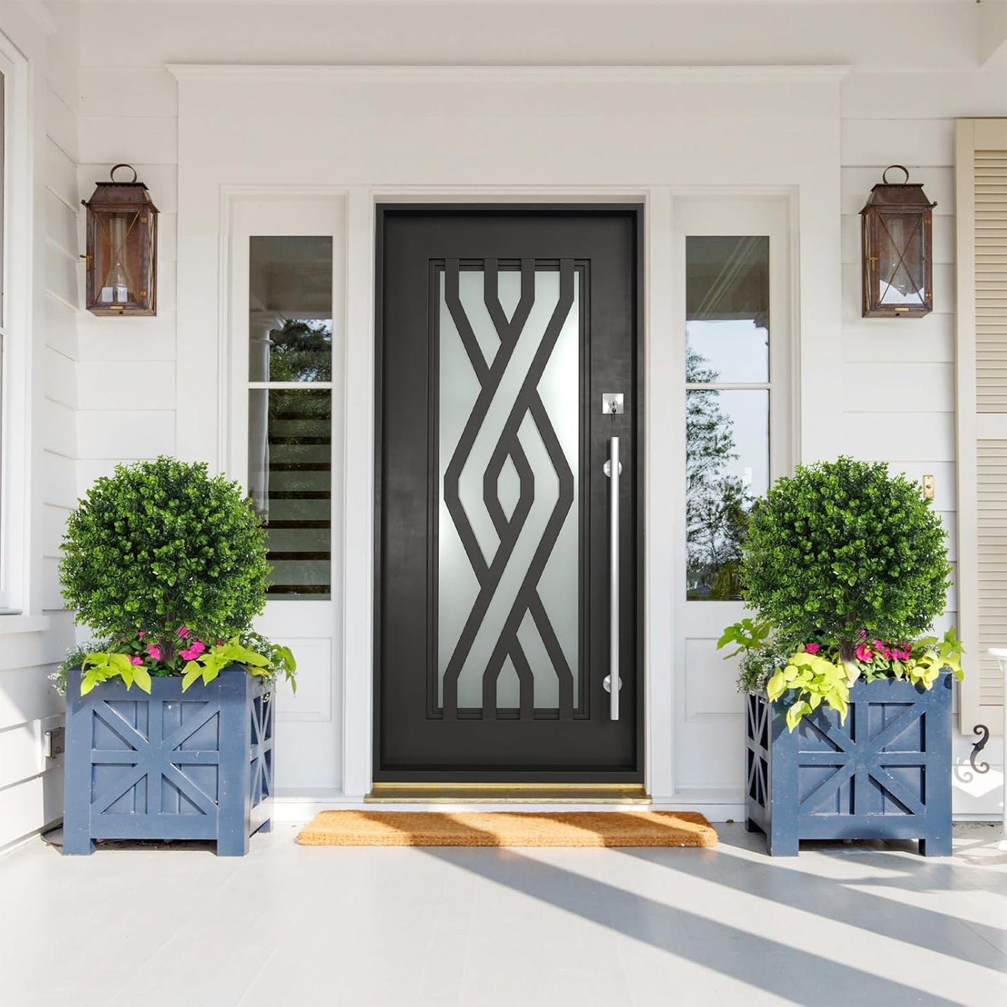 Artificial Boxwood Topiary Outdoor Plants with Spike, 2 Pack Faux Bushes UV Resistant Fake Shrubs for Front Porch Décor