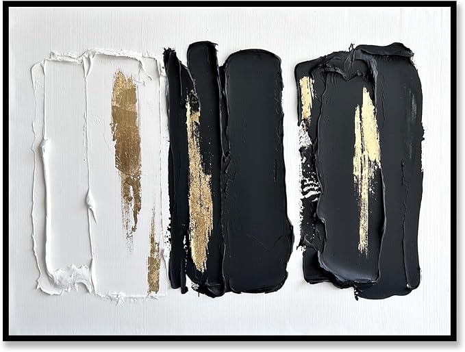 Sofoney - Black Framed Black and White Abstract Wall Art with Gold Foil Hand Painted Black and Gold Brushstrokes Oil Painting Heavy Textured Canvas Wall Decor for Living Room Bedroom Bathroom- 18"x24"