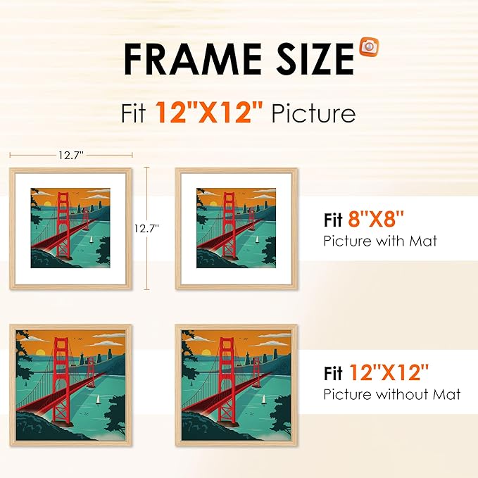 FIXSMITH 12x12 Picture Frame Natural Set of 2, Photo Frame with HD Plexiglass, Display Pictures 8x8 with Mat or 11x17 Without Mat, Gold Picture Frames Collage Wall Decor, Gallary Wall Frame