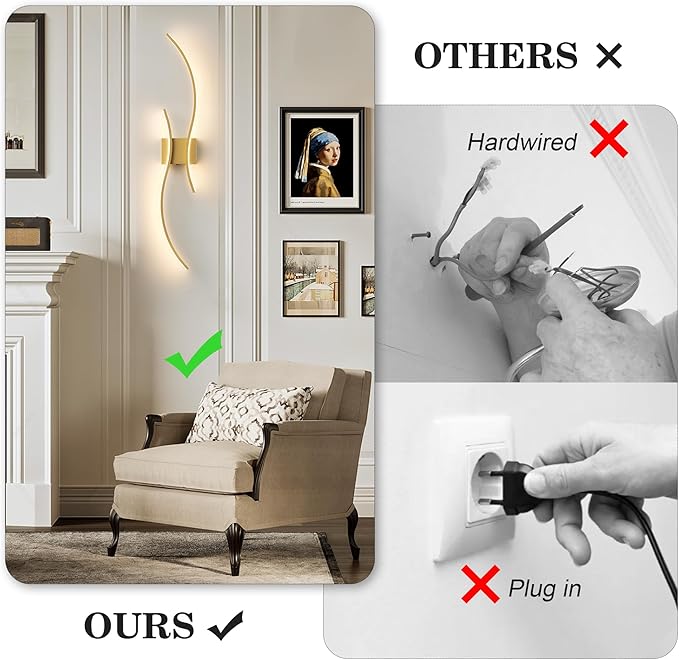 Battery Operated Wall Sconces Set of Two with Remote Control, Battery Wall Light, Stepless Colors 3000K-6000K & Dimming, Gold Rechargeable Wall Sconces for Living Room, Hallway, Bedroom, 39.3 Inch