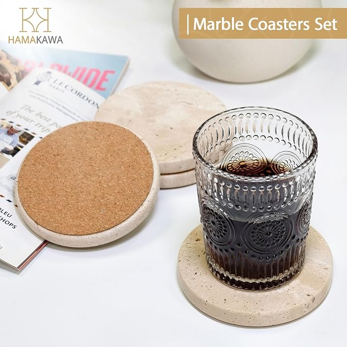 Turkish Natural Marble Coasters Set of 4, Round Travertine Coasters 4 inch, Beige Stone Drink Coaster for Home Decor, Coffee Table, Office