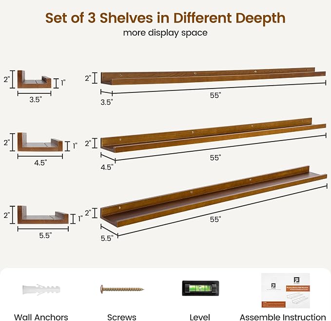 FLYJOE Picture Ledge Wall Shelves - Set of 3, 56 inches Width, Solid Pine Wood Rustic Floating Ledge Shelves for Kids' Room, Bedroom, Kitchen, Bathroom, Walnut