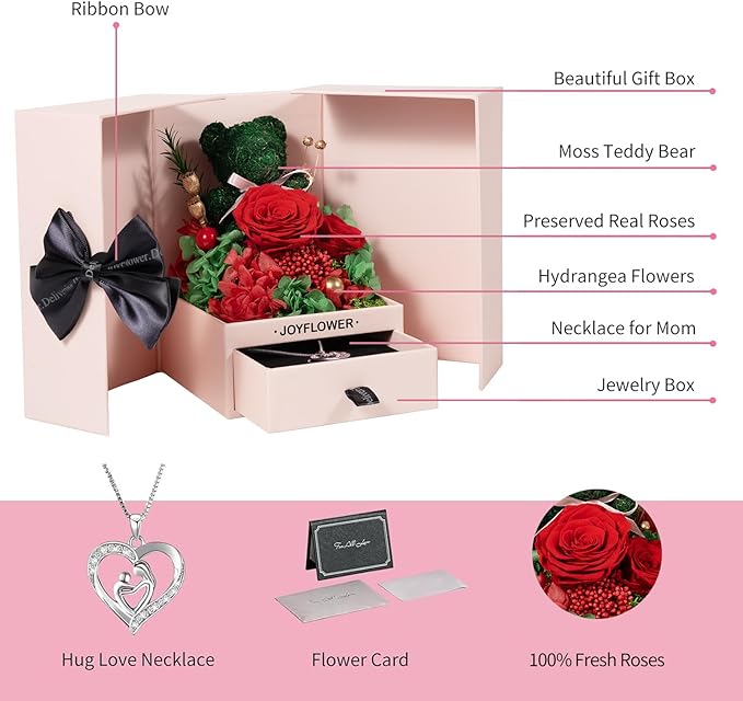 JoyFlower Preserved Rose Moss Bear with Necklace Christmas Roses Gifts Forever Flowers Red Rose Teddy Bear for Mom Women Girlfriend Wife Grandma Valentines Mothers Day Birthday Anniversary Wedding