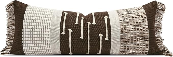 Dark Brown Boho Decorative Lumbar Pillow Cover 14x36 | Modern Farmhouse Long Lumbar Decorative Pillows Cushion Case with Handmade Drawn Work Tassel for Bed Couch