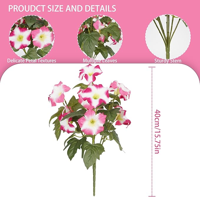 Artificial Flowers for Outdoors, Faux Petunias Spring Summer Decoration, Fake Flowers Plants UV Resistant Look Real Silk Flowers for Outside Planter Front Door Porch Patio Yard (6, Pink-White)