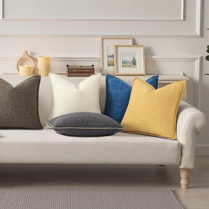 decorUhome Summer Decorative Throw Pillow Covers 12x20 Set of 2 Lumbar Faux Linen Outdoor Neutral Farmhouse Pillow Covers with Stitched Edge for Couch Sofa Living Room, Dark Blue