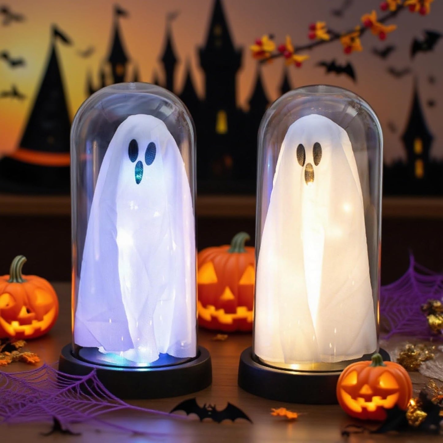 Light Up Ghost in Glass Cloche,Halloween Decorations Indoor,Cute LED Ghost Decor for Mantel,Tabletop,Cute Decorative Ornaments Suitable for Halloween Parties and Festivals(Colored Light,Glass Cover)