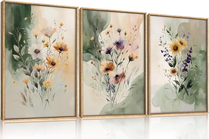 BICERE Large Vintage Wildflower Framed Canvas Wall Art,Rustic Watercolor Flowers Wall Decor,Boho Botanical Print,Retro Green Floral Artwork for Living Room,Bedroom,Dining Room -16"x24"x3