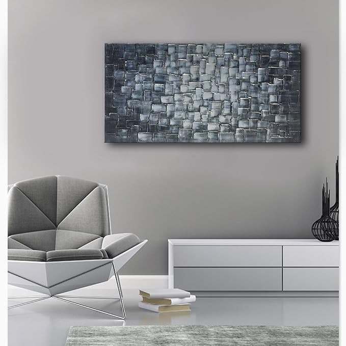 MyArton Large Abstract Silver Square Wall Art Hand Painted Modern Textured Oil Painting on Canvas Ready To Hang 60x30inch