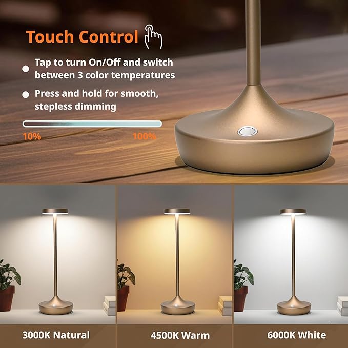 Set of 2 Cordless Table Lamps, Rechargeable 6000mAh LED Desk Lamps, Up to 72 Hours, Touch Control with 3-Level Dimming, Portable Waterproof for Restaurant, Dining Table, Patio & Home (Bronze)