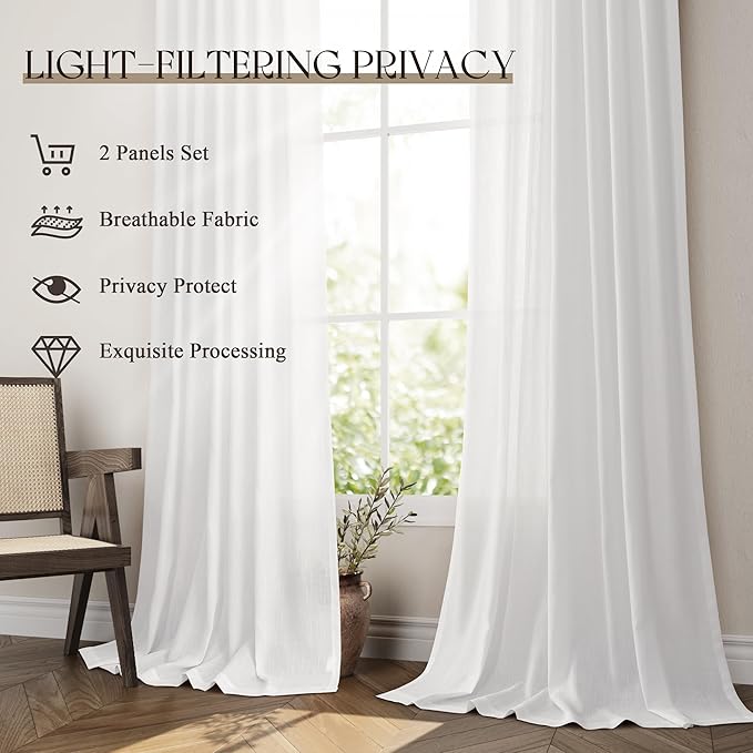 Jowels White Linen Curtains 108 Inch Long 2 Panels for Living Room | Light Filtering Semi Sheer Curtain, Back Tab Pocket Pleated Look, Boho Farmhouse Textured Privacy Drapes for Bedroom Window