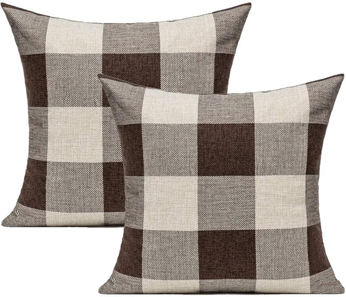 VAKADO Brown Beige Outdoor Farmhouse Buffalo Plaids Decorative Throw Pillow Covers Retro Checked Square Cushion Cases Classic Coffee Check Home Decor for Couch Sofa Patio 22x22 Inch Pack of 2