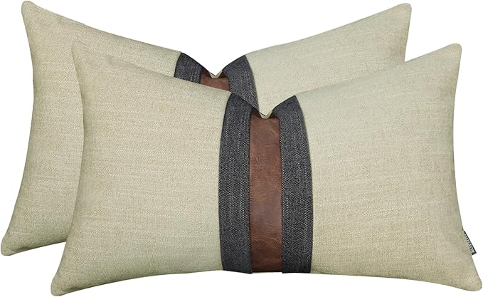 BOYSUM Set of 2 Leather Throw Pillow Covers Lumbar Cotton Linen Decor Patchwork Pillow Cover Faux Leather Pillows Cover for Couch Sofa Living Room Bedroom,Beige Yellow 12"x20"