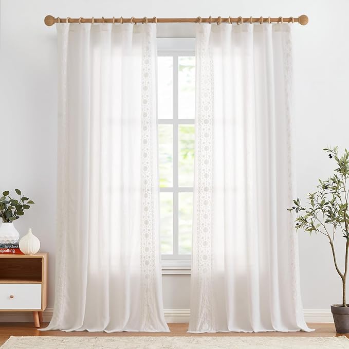 jinchan Weslie White Linen Curtains for Bedroom Vintage Floral Farmhouse Curtains 108 Inches Long Linen Drapes for Living Room Country Embroidered Extra Long Light Filtering Drapes Off White 2 Panels