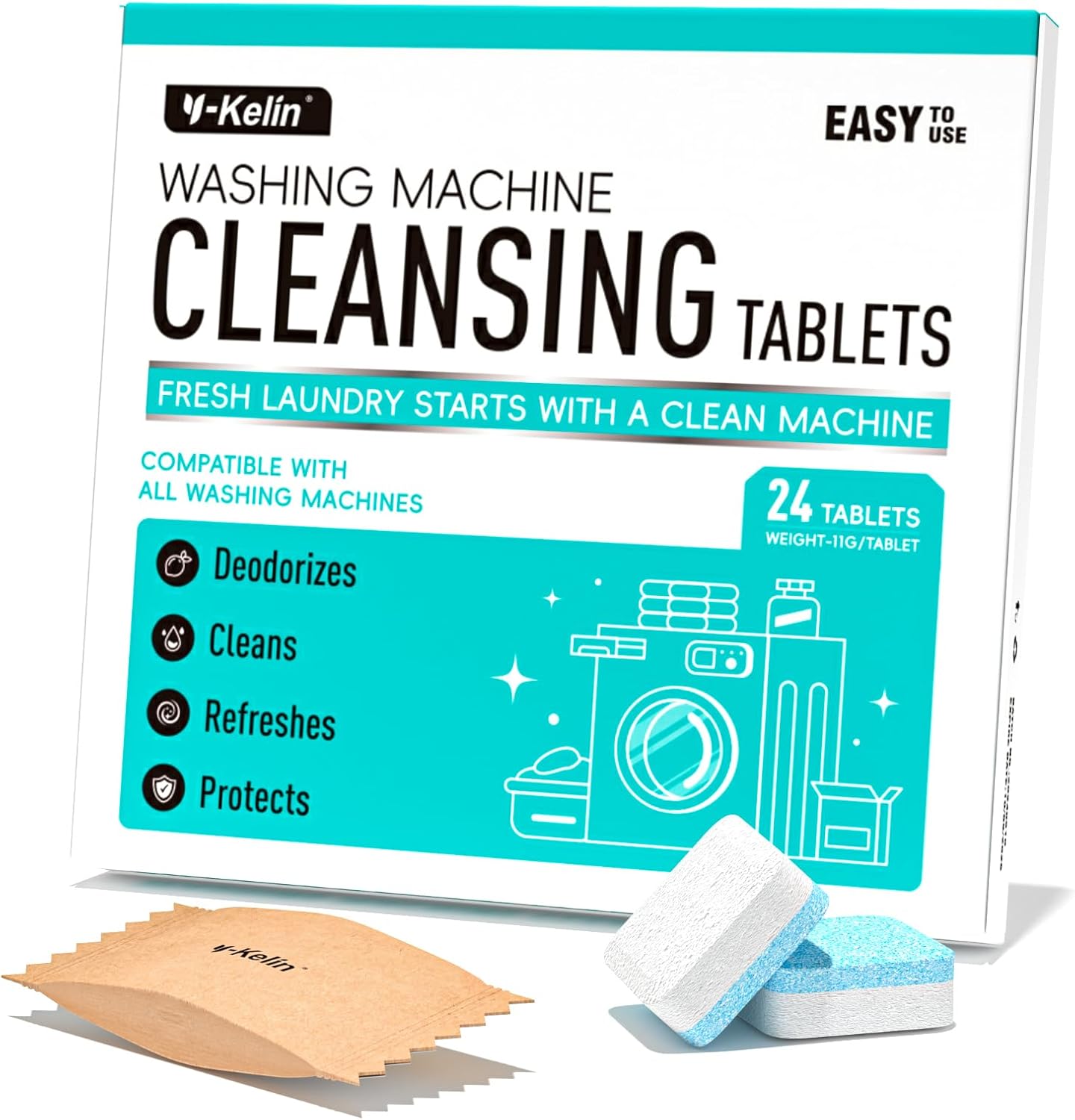 Washing Machine Cleaner Tablets 24 Pack -1 Year Supply for HE Front Loader & Top Load Washer,Septic Safe Washer Machine Cleaner Tablets, Deep Clean,Eco-Friendly Deodorizer