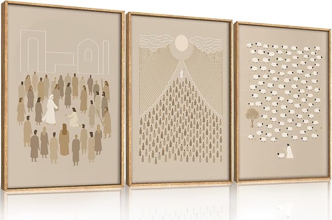 BICERE Jesus Christian Framed Canvas Wall Art,Boho Lost Sheep Wall Decor,Abstract Sketch Bible Verses Art Prints,Religious Scripture Beige Artwork for Living Room,Dining Room-12"x16"x3