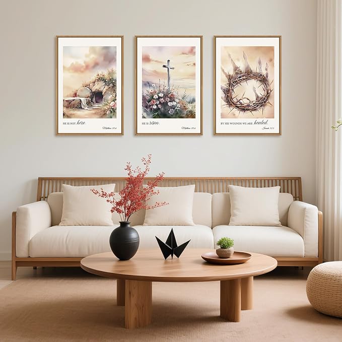 Vintage Christian Cross Framed Wall Art Set, Jesus Empty Tomb Canvas Wall Decor, Religious Bible Painting, Jesus Crucifixion Risen Easter Artwork for Living Room, Bedroom, Church -16''X24''X3