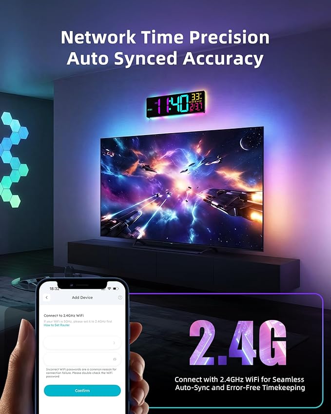 EASYERA Smart Digital Wall Clock with App Control, 16.5” Large RGBIC Wall Clock with Multiple DIY Color and Music Sync, LED Display, Auto DST, Plug-in Clocks for Classroom Home Gym Gaming