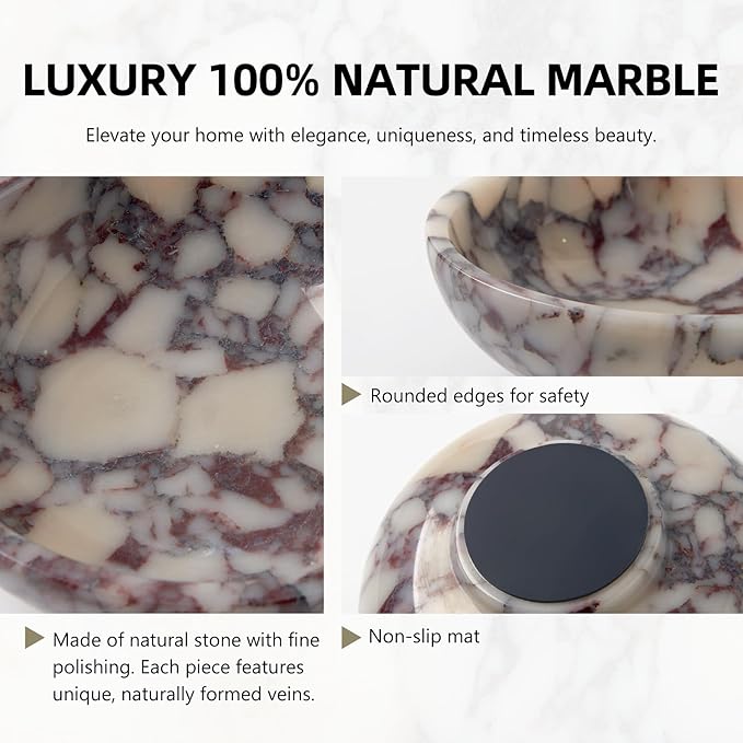 Luxury Natural Marble Decorative Bowl – Medium 7-Inch Calacatta Viola Marble for Coffee Table Centerpiece Holder, Decorative Catchall Dish for Dining Table, Statement Accent Tray for Home Decor