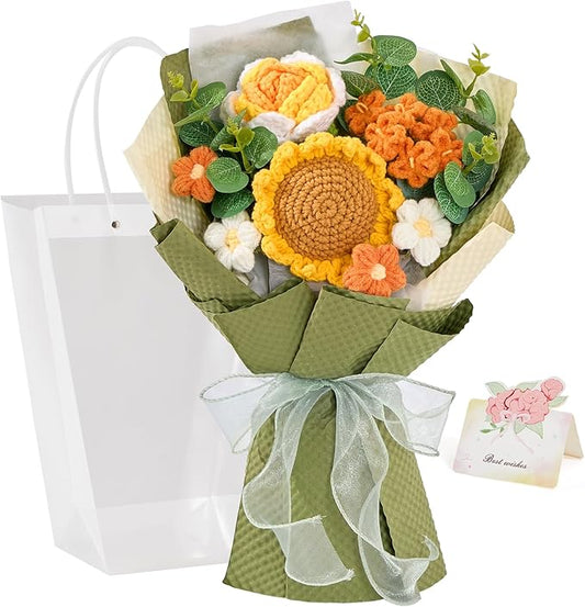 Alecono Crochet Flower Bouquet, Knitted Sunflower Flowers, Green Handmade Bouquet of Flowers for Lover Anniversary Birthday Party Mother's Day Graduation Gifts (Include Card)