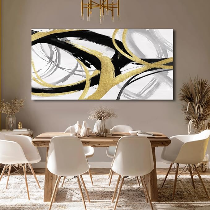 Large Black and Gold Line Wall Decor Modern Abstract Framed Wall Art Neutral Textured Canvas Prints Pictures for Living Room Office Artwork 29"x58"