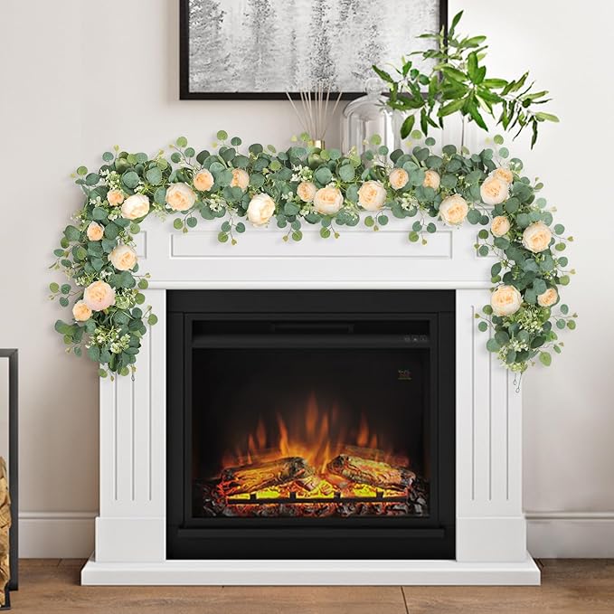 SOMYTING Artificial Flower Garlands Eucalyptus Garlands with Flowers Rose Peony Flower Vine Faux Floral Garland for Wedding Party Arch Table Wall Backdrop Decoration (Champagne, 2PCS)