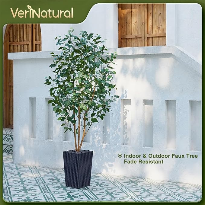 VeriNatural 6ft Artificial Ficus Tree,Tall Faux Tree with Silk Leaves & Real Wood Trunk,UV Resistant Potted Fake Plant with Pebbles & Planter-Indoor Outdoor Floor Plant for Home Living Room,VN129