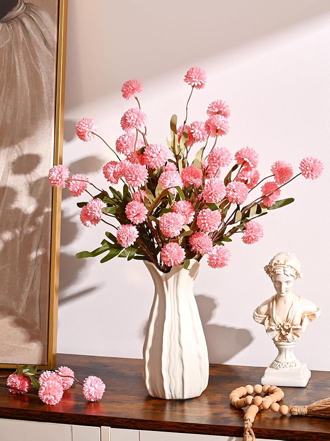 Waipfaru 10pcs Fake Flowers, Artificial Pompon Mums, Bulk Faux Chrysanthemums Flowers for Indoor Home Decorations, Boho Decor, Pink, No vase