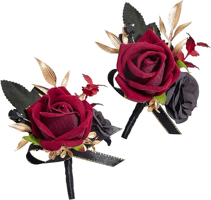 Alecono Boutonniere for Men, Set of 2 Burgundy and Black Boutonniere for Wedding Groom Bridegroom, Artificial Flowers for Prom Graduation Ceremony Anniversary