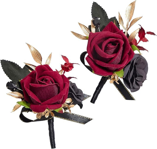 Alecono Boutonniere for Men, Set of 2 Burgundy and Black Boutonniere for Wedding Groom Bridegroom, Artificial Flowers for Prom Graduation Ceremony Anniversary